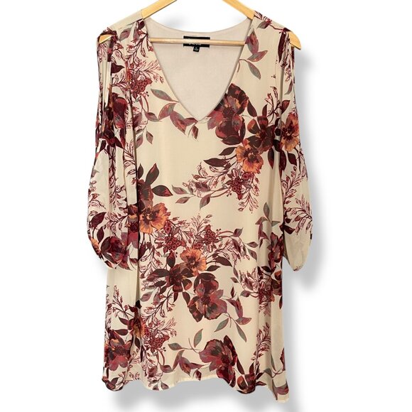 Lulus Shifting Dears Floral Shift Dress Cut Out Sleeve Beige‎ Cream Mini Large - Picture 2 of 16